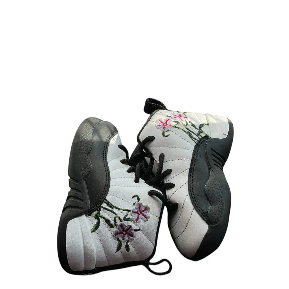 Air Jordan 12 Retro White Black Floral Toddler Crib Shoes size 5c‎